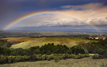 A rainbow over grasslands in California