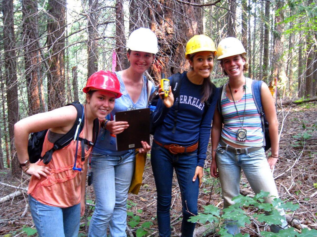 Smiling students with hard hats