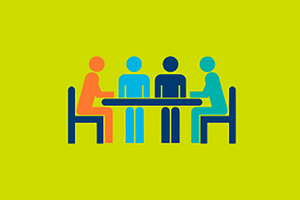 Classroom/Meeting Room Reservation logo people at table, yellow background