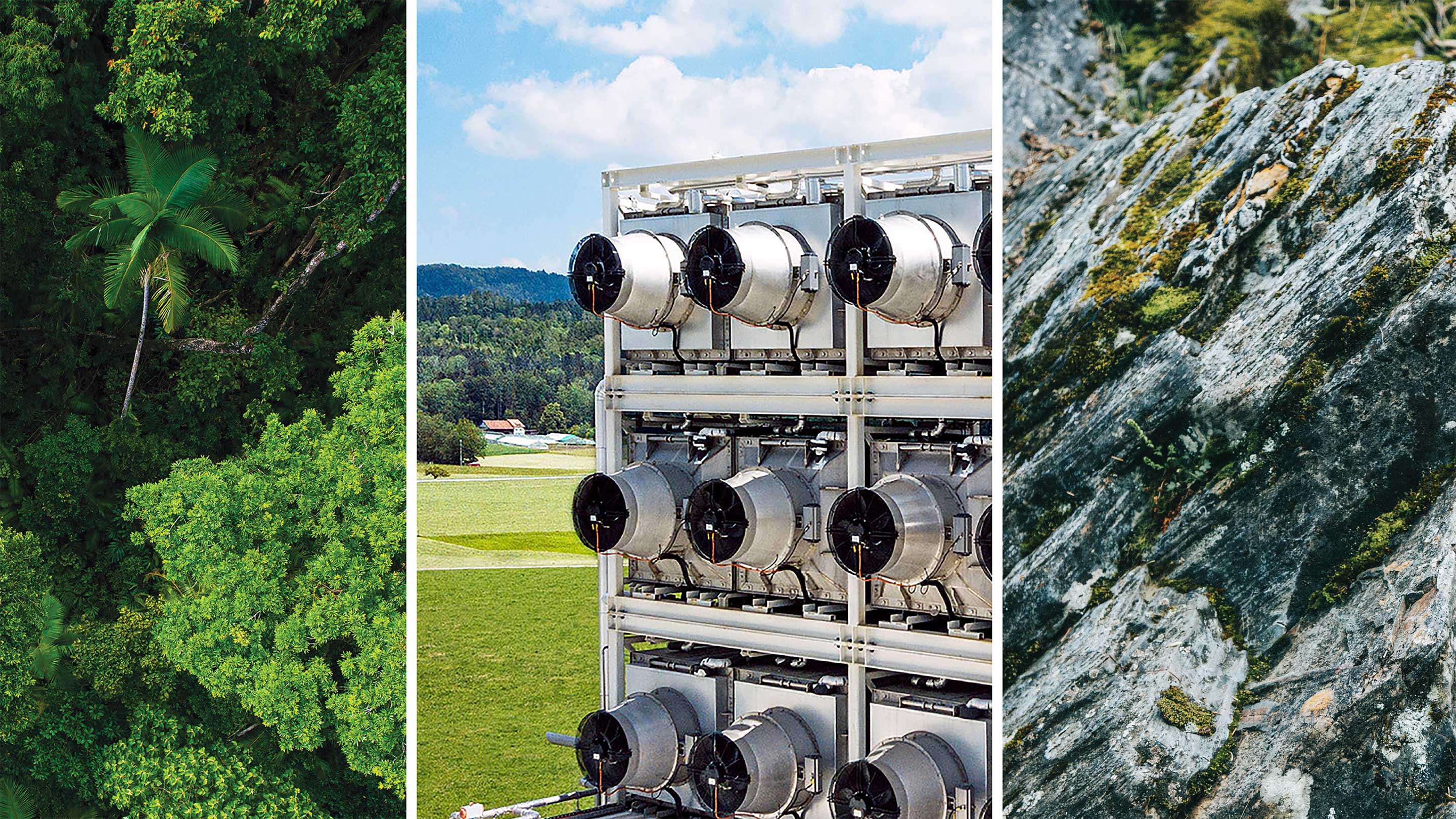 Three images  in a row -- a forest, a carbon capture machine, and a rock
