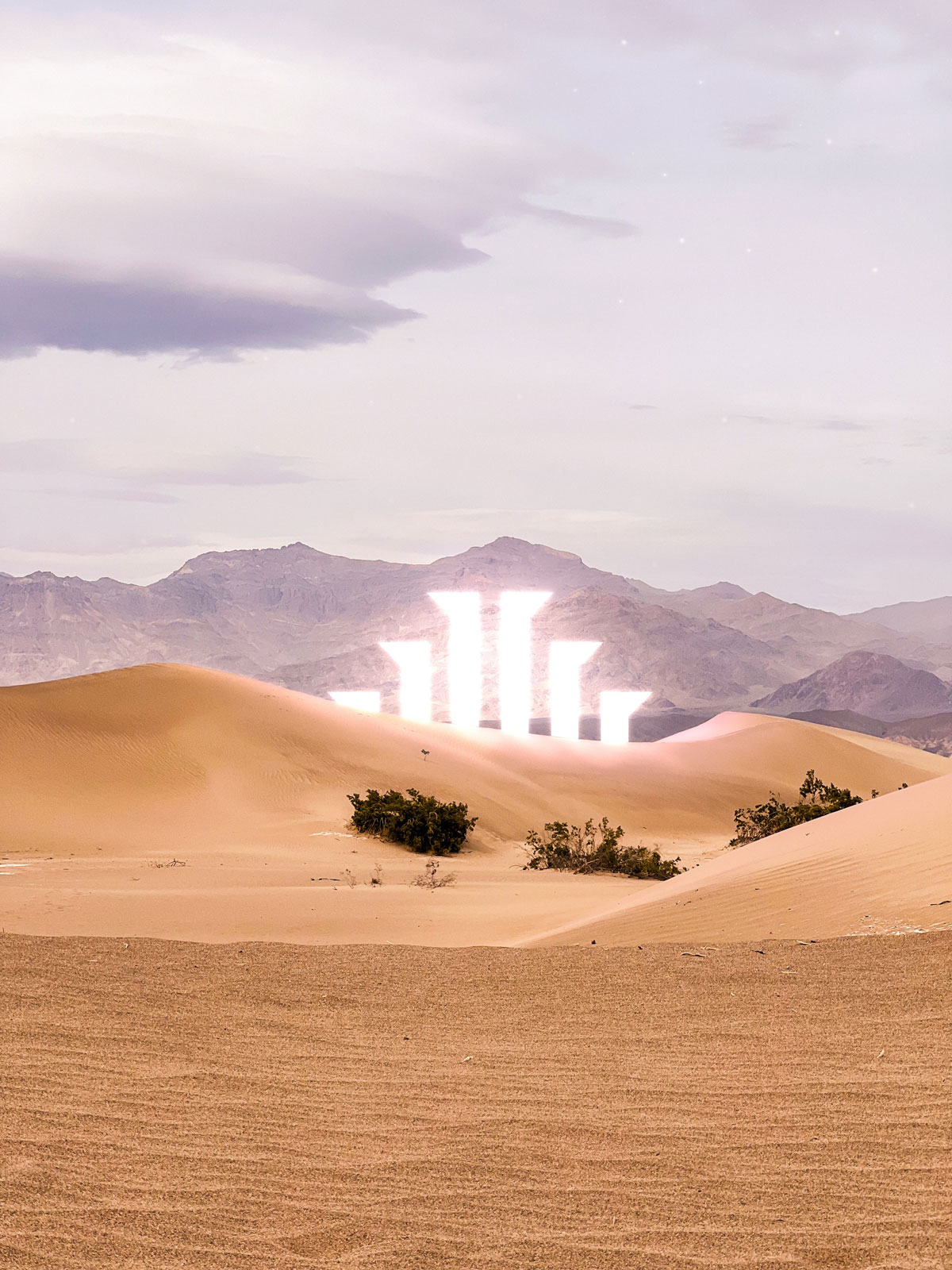 Image of artwork "Radiant Lands," photograph in Death Valley of pillars in the desert 