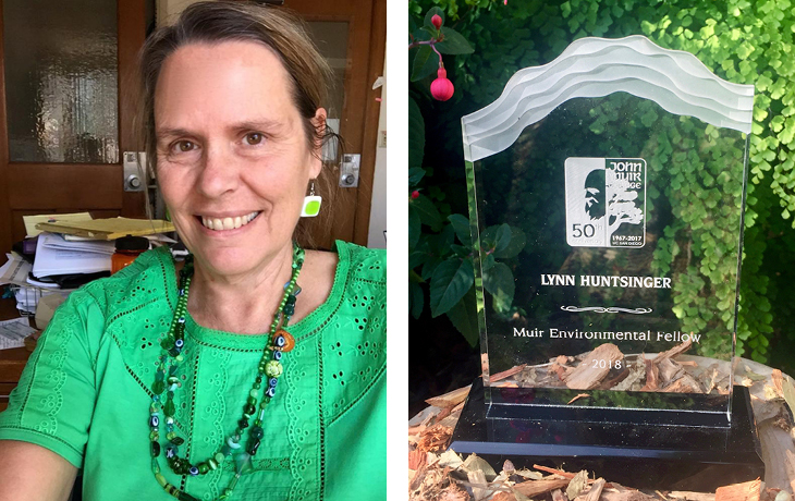 A headshot of Lynn Huntsinger next to a photo of her award from UCSD