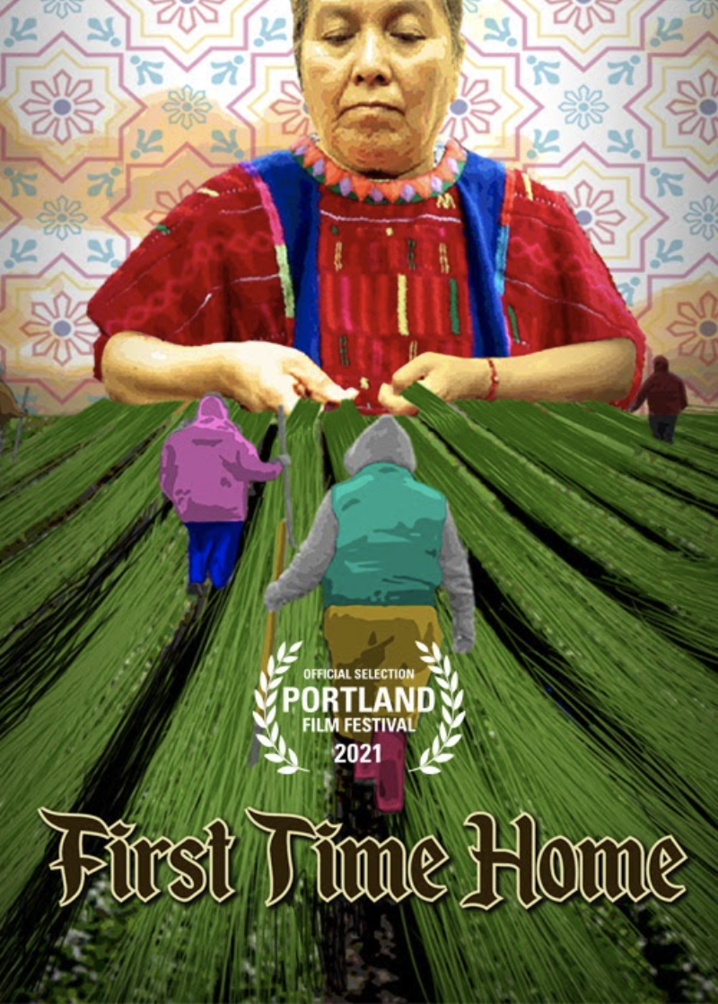 Film poster for "First Time Home:" an indigenous woman superimposed above a field of crops. 