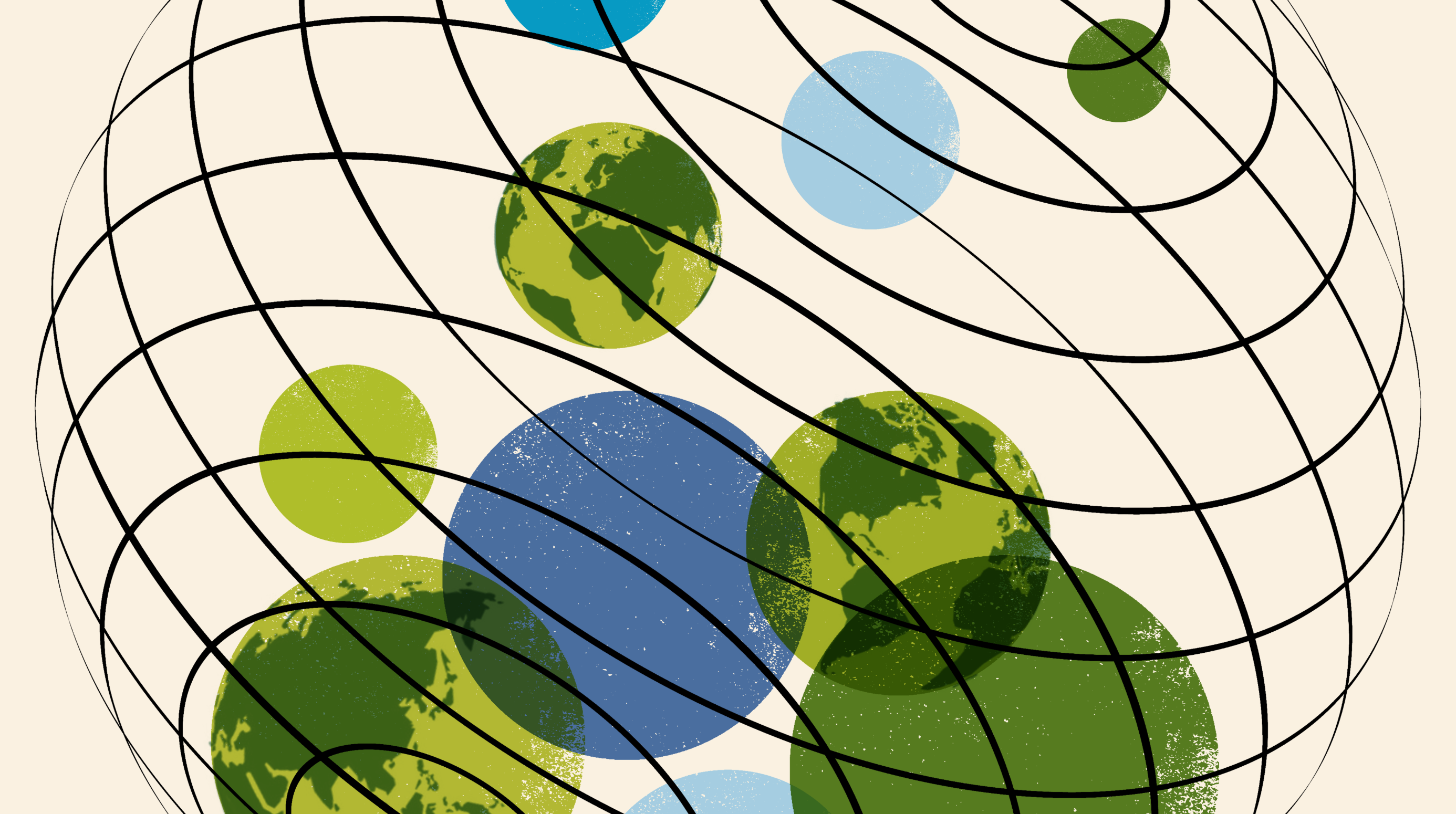 An illustration of spheres suggestive of globes