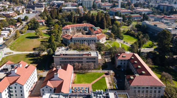 An aerial photo of the northwestern corner of the UC Berkeley campus, where several buildings that comprise Rausser College of Natural Resources are located.