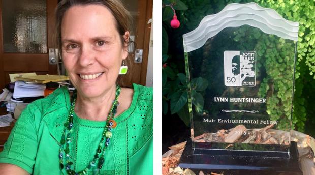 A headshot of Lynn Huntsinger next to a photo of her award from UCSD