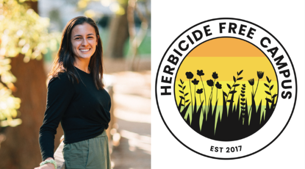 Split collage image. On left is Mackenzie Feldman. On the right is an herbicide free campus logo.