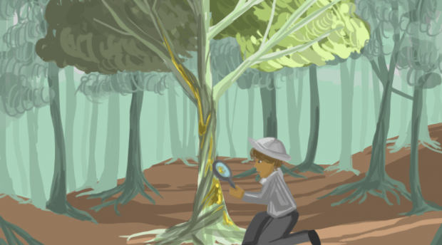 Digital painting of person kneeling in front of tree to take a closer look at color patches on trunk.