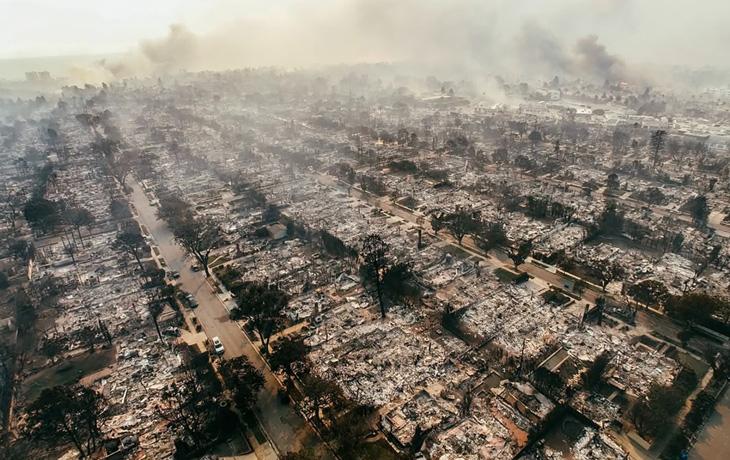 An aerial view of the Alphabet Streets in Pacific Palisades, where nothing remains following the fire except miles of rubble.