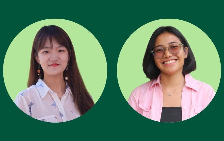 A photo of two women against a green backdrop.