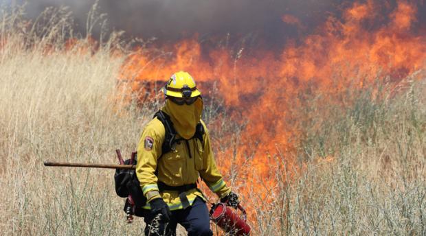 A person in yellow protective gear lights a fire in tall grass.