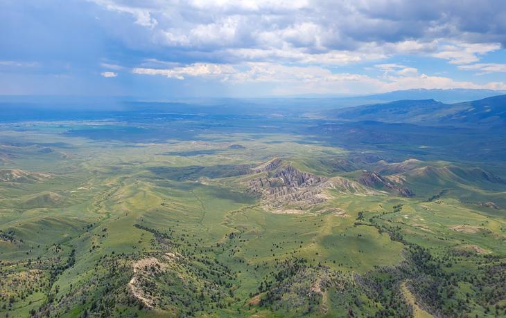 The view looking south from the top of Heart Mountain toward Cody, Wyoming, where the Beyond Yellowstone Living Lab centers its work. 