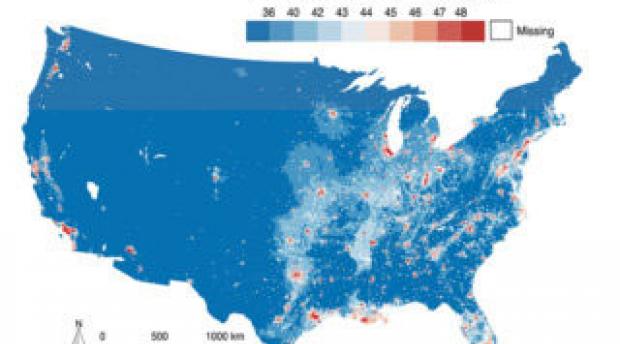 Map of United States' spatial distribution of anthropogenic nighttime noise 